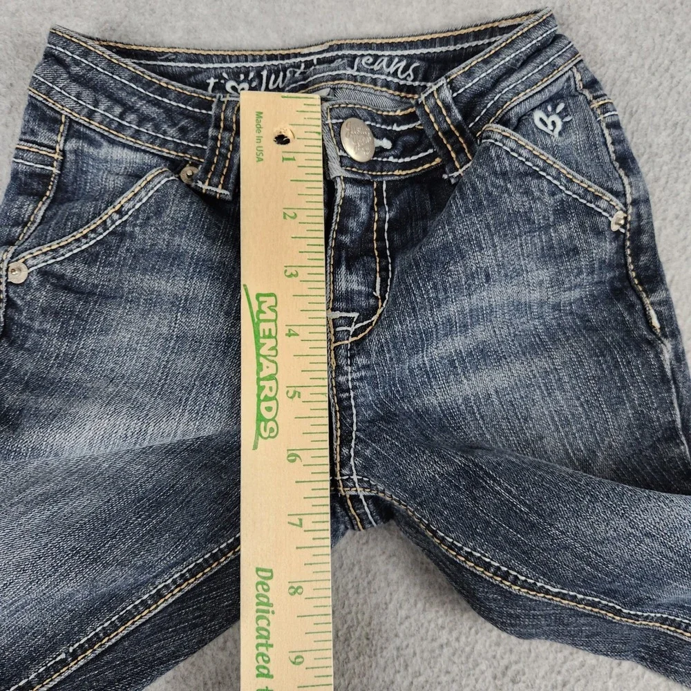 Justice Jeans Girls 8S Blue Denim Whiskering Distressed Flap Pocket Flared Leg